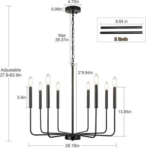 Miniatura 4 de Candelabro negro para comedor, 8 luces modernas de estilo rústico para comedor, lámpara colgante de vela para sala de estar, vestíbulo, entrada,