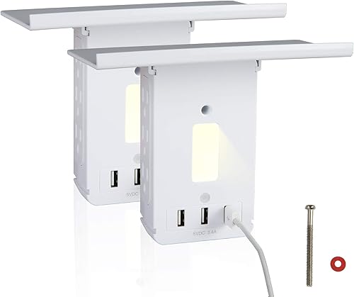 Miniatura 8 de LONABR Paquete de 2 extensores de toma de corriente de pared con USB, 6 tomas de corriente y 2 protectores de sobretensiones USB, estante integrado
