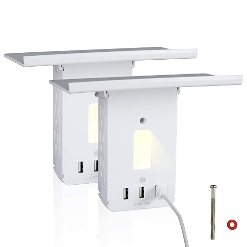 LONABR Paquete de 2 extensores de toma de corriente de pared con USB, 6 tomas de corriente y 3 protectores de sobretensiones USB, estante integrado