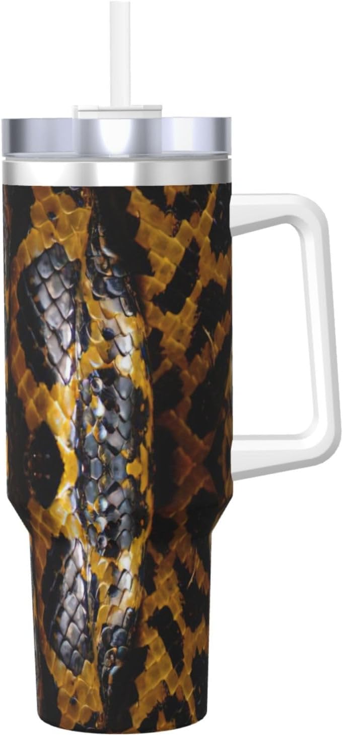 40 OZ Yellow Snake Print Ice Bully Cup with Handle Straw Lid Straw,Stainless Steel Tumbler Coffee Cup