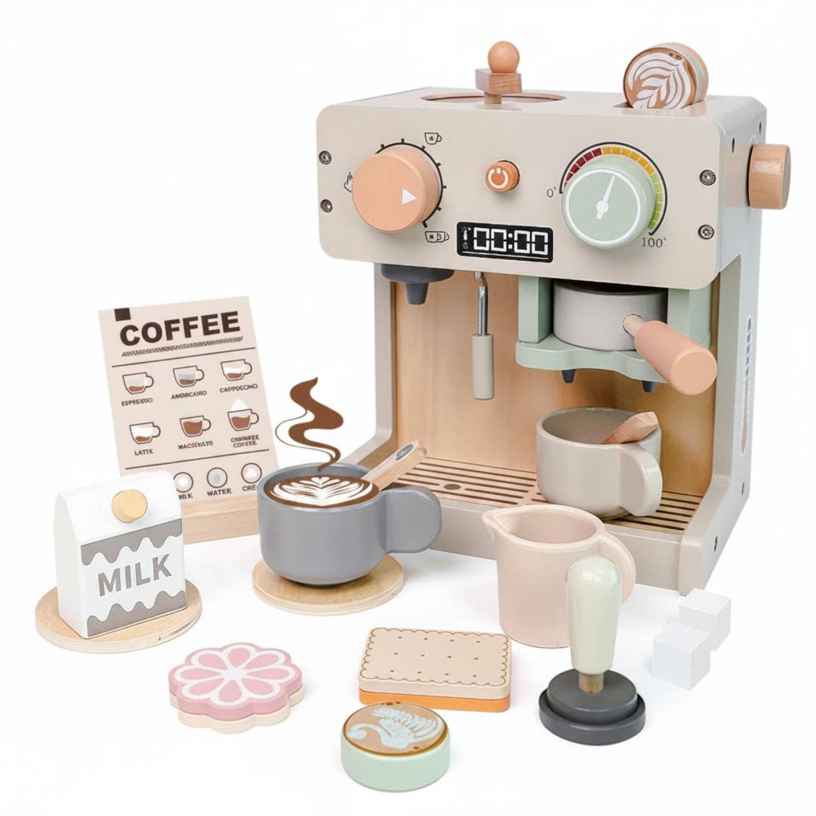 Cucina Giocattolo Bambini Macchina Del Caffè Giocattolo Set Caffetteria Finta Accessori in Legno con Tazze Cucchiaini Pannello Adatta per Gioco di Ruolo Cameretta Momenti Attività Educative