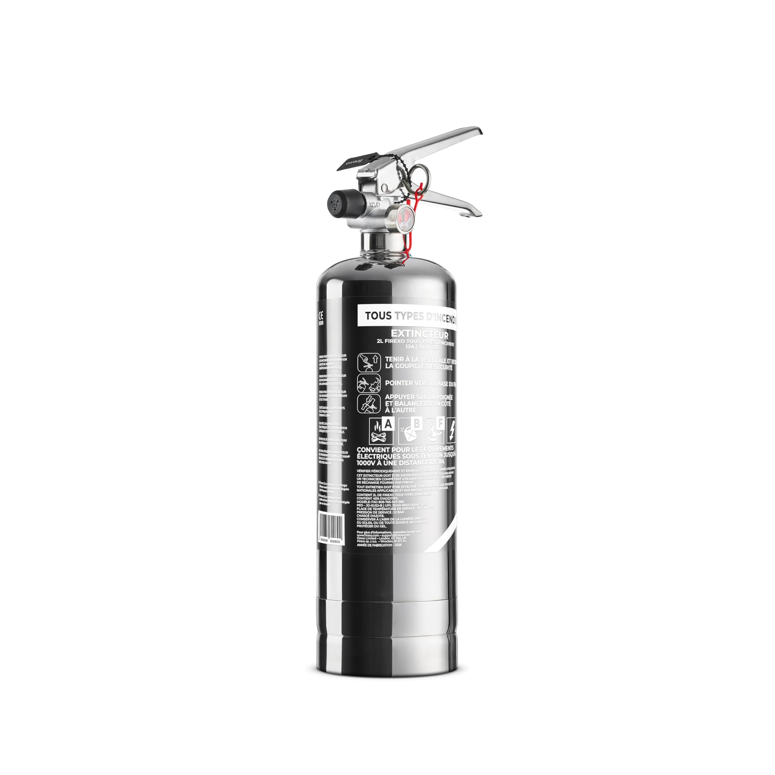Firexo Extincteur (2 Liter) - Extincteur Maison Tous Feux en Acier Inoxydable, Batterie Lithium, Bureau, Cuisine, Voiture, Travail, Restaurant, Bateau - Fire Extinguisher for All Fires