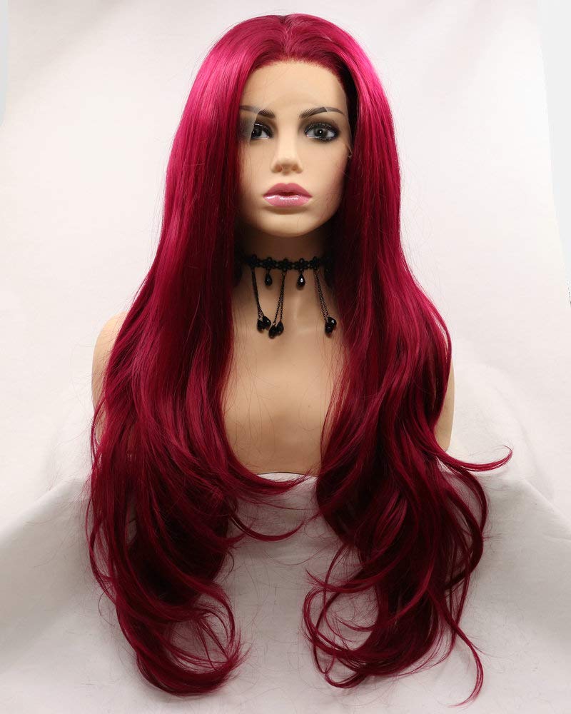 Female Dark Red Synthetic Lace Front Wigs for Women Cosplay Party Replacement Drag Queen Mermaid Red Real Natural Color Long Wavy Hair Synthetic Full Glueless Wig 26"