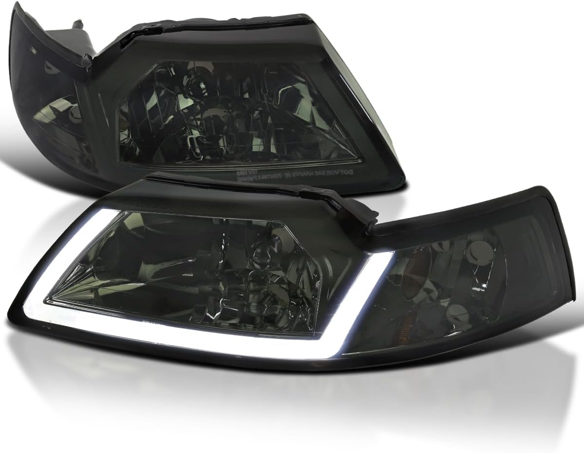 SPEC-D TUNING Smoke Headlights with LED Tube Strip Compatible with 1999-2004 Ford Mustang, Left + Right Pair Headlamps Assembly