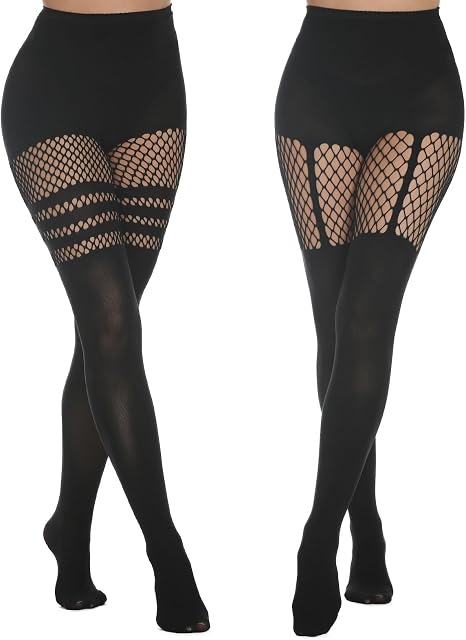 MANZI 2 Pairs Women's Suspender Opaque Fishnet Stockings Thigh High Mesh Fishnets Black Stocking Tights