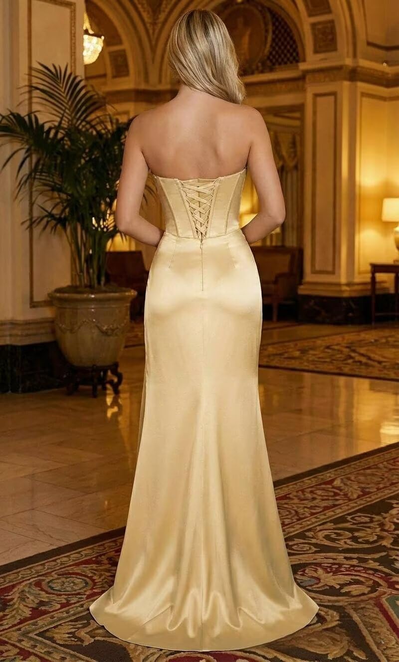 Strapless Satin Prom Dresses 2026 Long Mermaid Corset Formal Evening Gown with Slit - Image 5