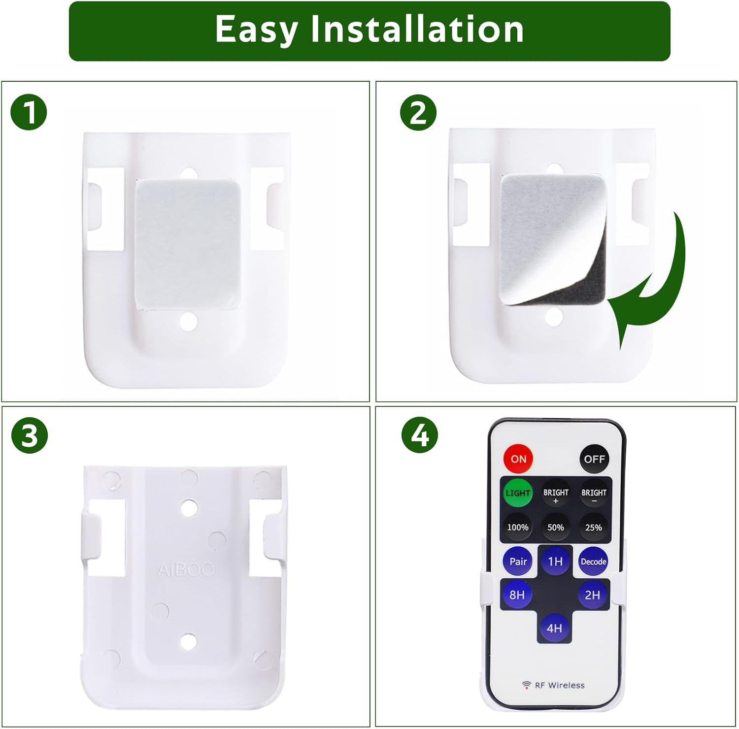 Step-by-step guide for easy installation of the remote bracket using a two-sided sticker.