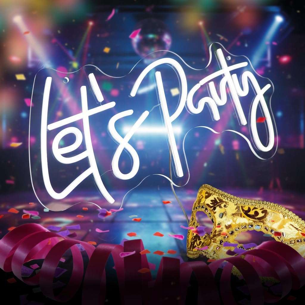 Let's Party Neonschild für Party, groß, 55 x 25 cm, Neon-Buchstabenschilder für Wand, Zimmer, Hintergrunddekoration, Weiß