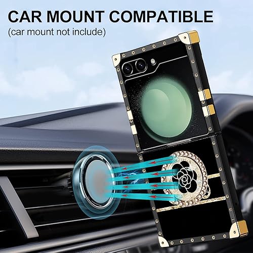 Miniatura 4 de B-wishy Funda para Samsung Galaxy Z Flip 5 con soporte de anillo con soporte, remache cuadrado para niñas y mujeres, cristal antigolpes, delgada, a