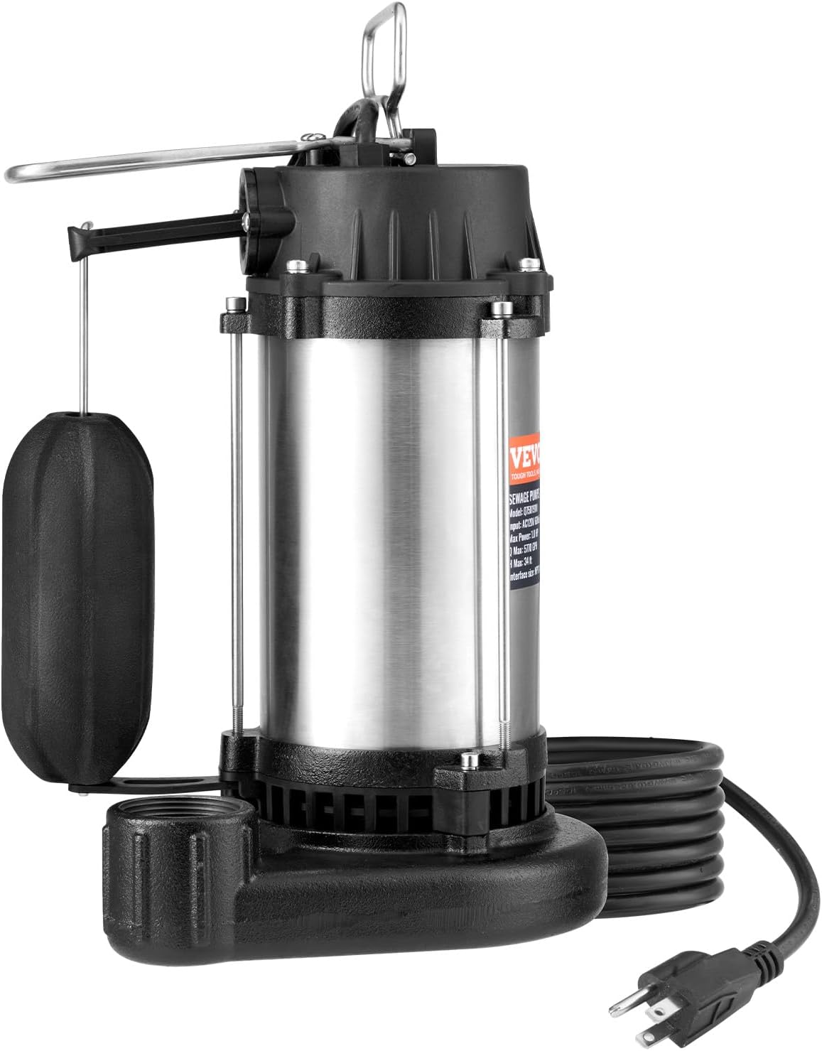 VEVOR Submersible Sump Pump, 1HP 5770GPH, 34 ft Lift Cast Iron Sewage Water Pump with 10 ft Power Cord and Automatic Float Switch, Stainless Steel for Clean Flooded Basement Yard Farm Sewer