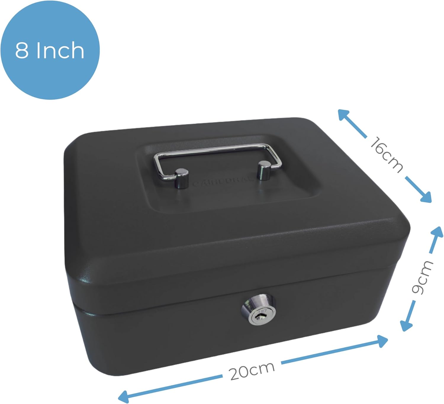 Cathedral Products Key Lockable Cash Box with Lift Out 6 Compartment Coin Tray - 8 Inch - Black