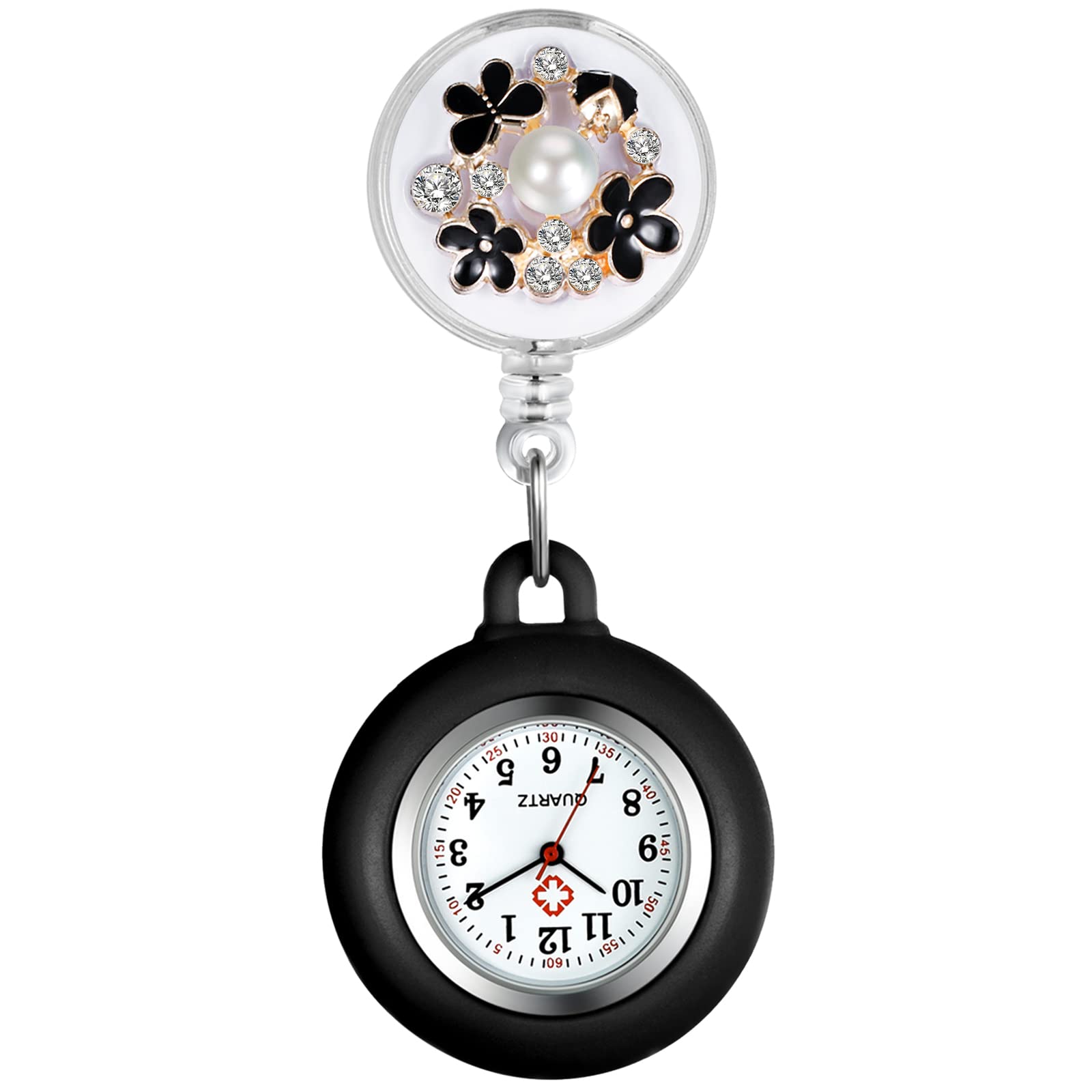 Lancardo Retractable Nurse Watch Clip On Pearl Flower Patterns Badge with Secondhand Stethoscope Lapel Fob Pocket Doctor Nurse for Women and Men