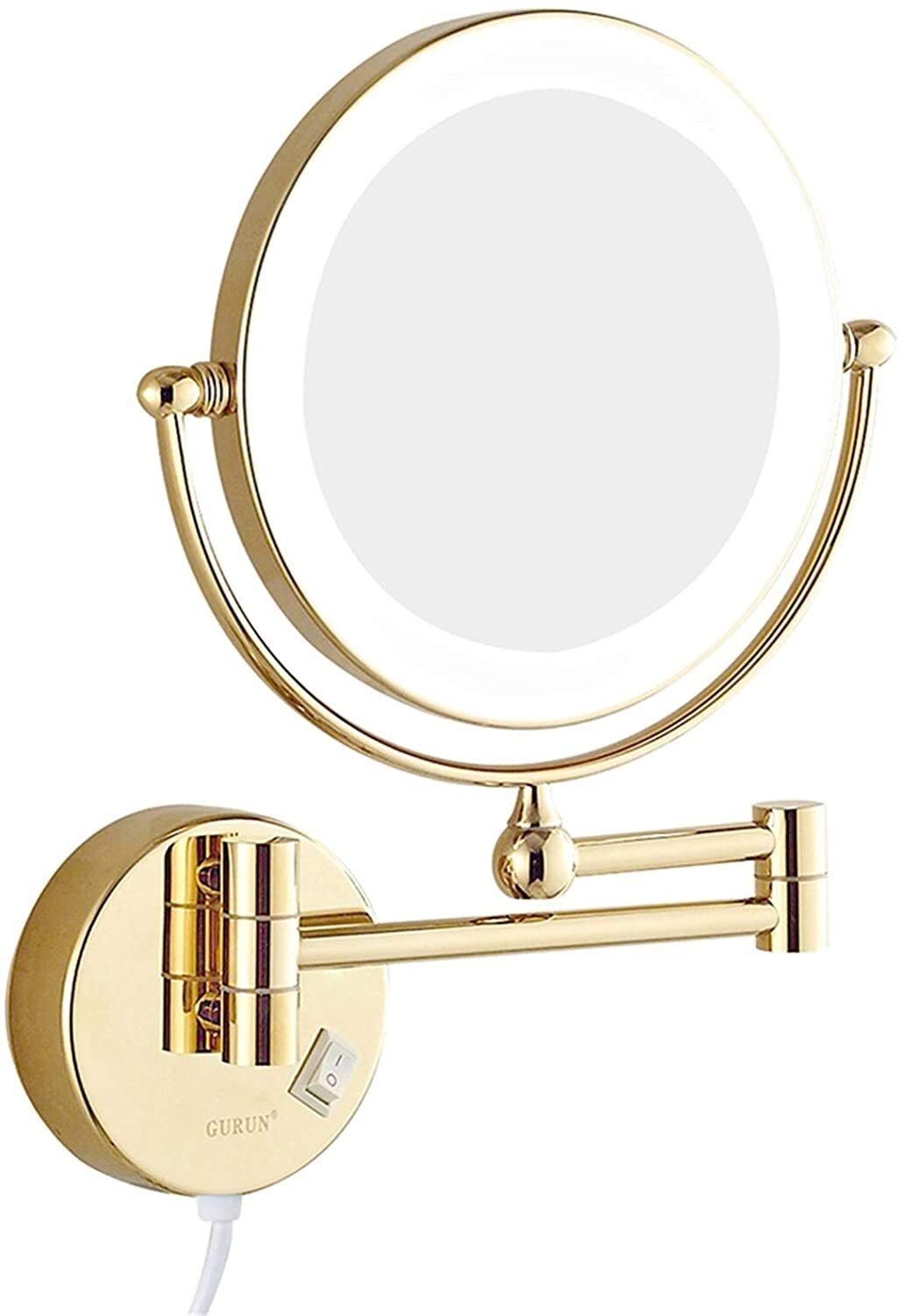 SHAUNI Espejo de Aumento de Doble Cara con luz LED, Espejo de Afeitar Extensible montado en la Pared for baño con Enchufe de Interruptor