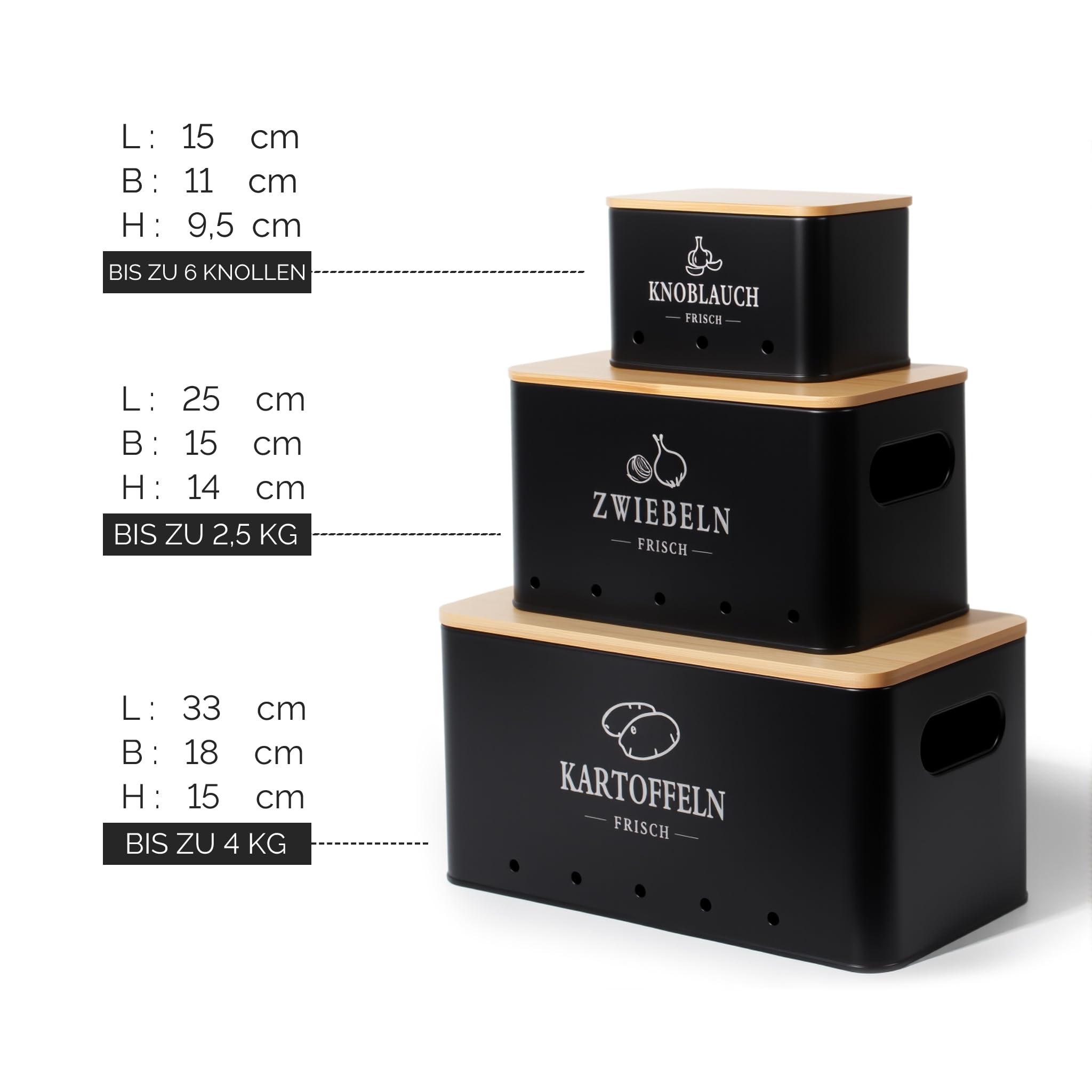 GREELUE Kartoffel Aufbewahrungsbox 3er Set, 360° Luftzirkulation für längere Frische, Für Zwiebeln, Kartoffeln, Knoblauch Schwarz