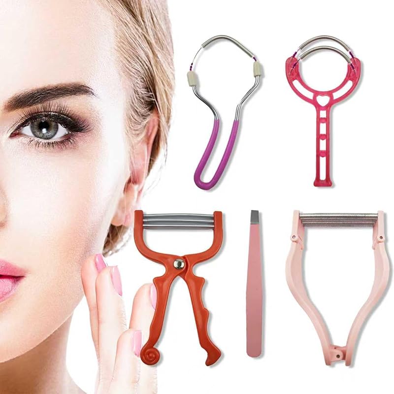 Removedor de vello de primavera: kit de depilación facial 5 en 1, depilación facial para mujeres, removedor de vello con pinzas de resorte para barbilla, labio superior, bigote