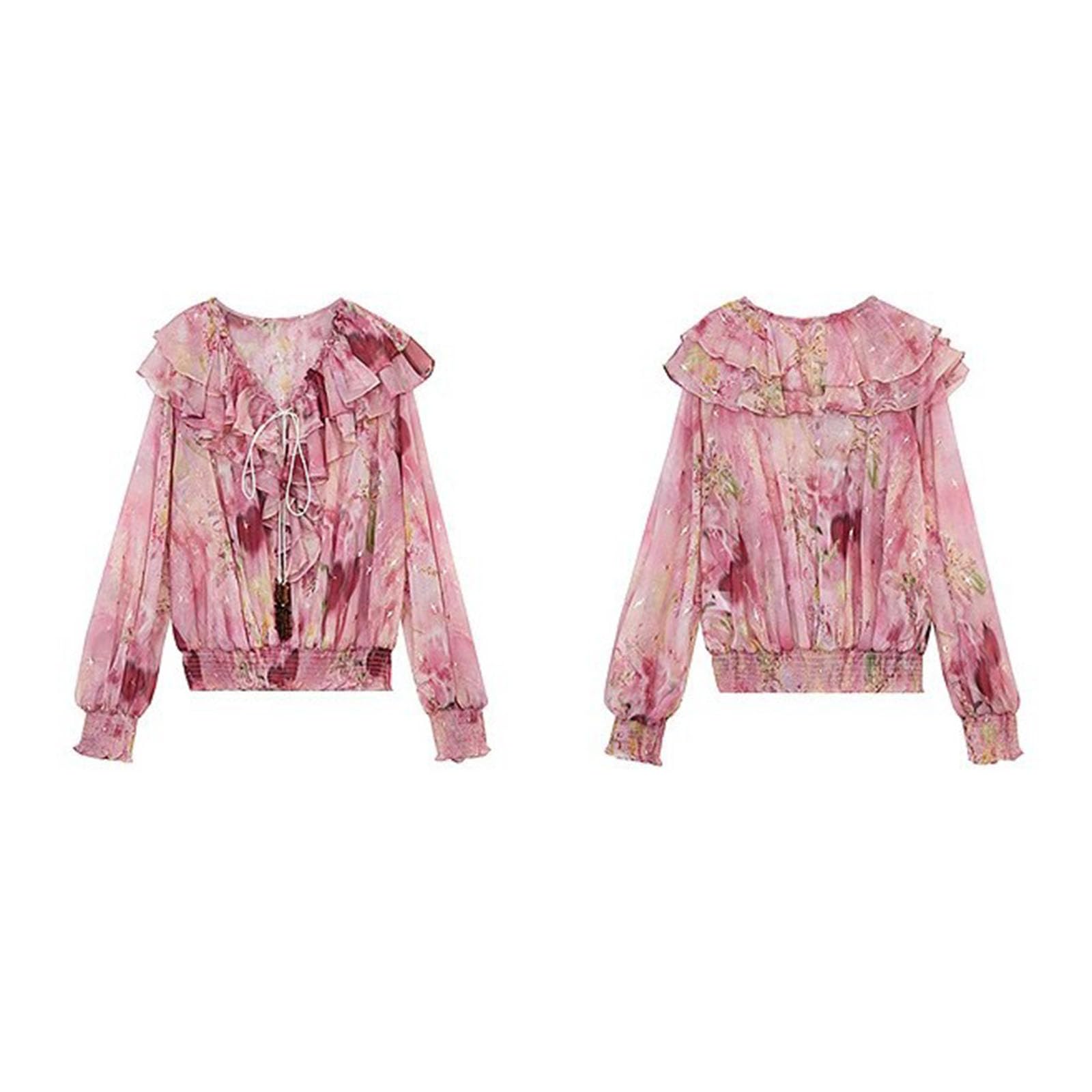 Blouse pour femmes à volants imprimée, col en V, manches longues, tendance, élégante, chemisier en chiffon à fleurs