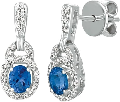 LE VIAN White Diamond with Tanzanite Oval Halo Dangle Drop Earrings for Women I 14k White Gold Earrings for Her H-I, VS2-SI1, 0.27 cttw Push Back