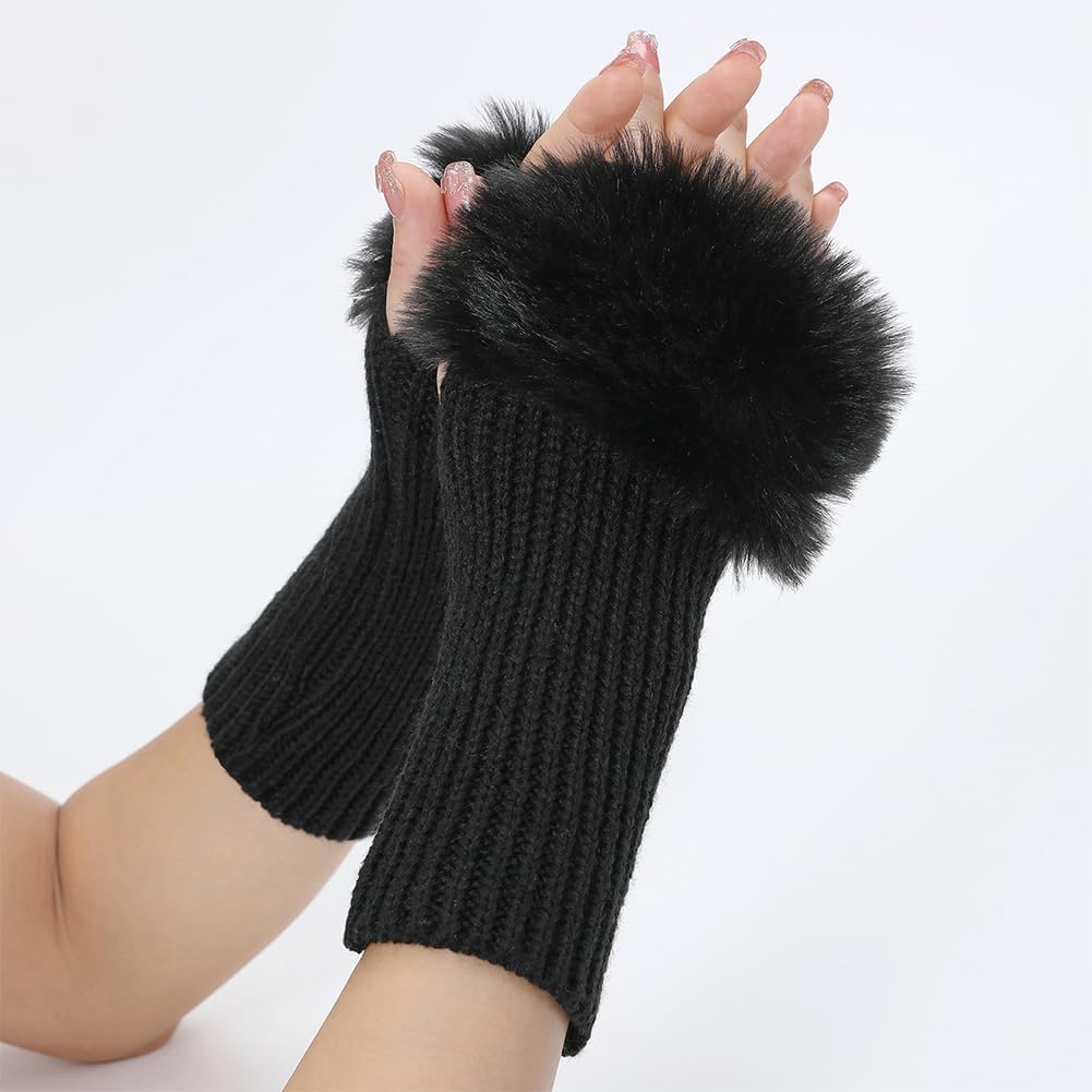 2 Pairs Furry Gloves Fingerless Thumb Hole Gloves Knit Arm Warmers Wrist Mittens for Women Writing Texting Driving