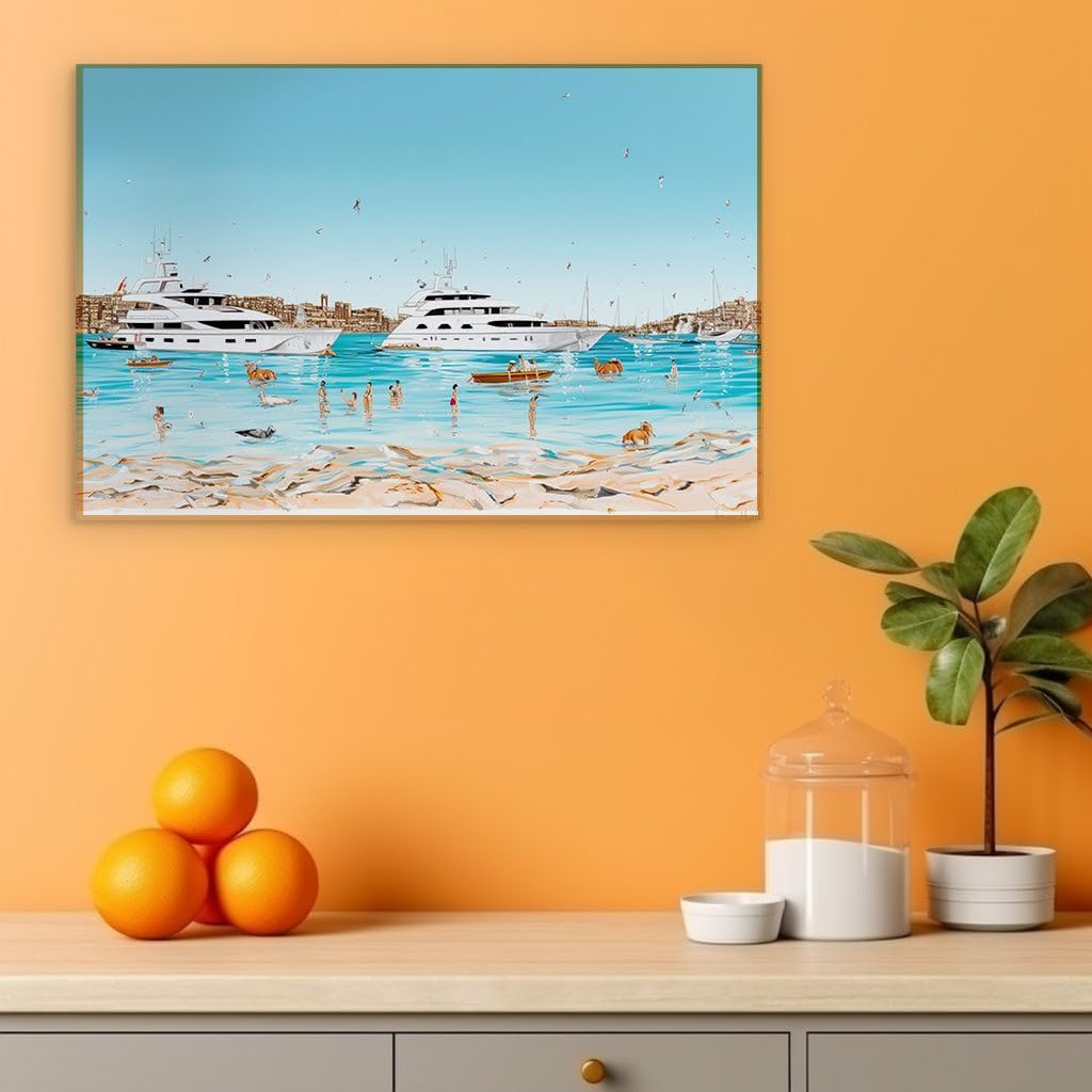 Canvas for Living room. Coastal Bliss Unleashed: Where Cerulean Waves Meet Leisure and Play, 27 x 18 inch Canvas Wall Art - Tranquility - Modern Home Decor