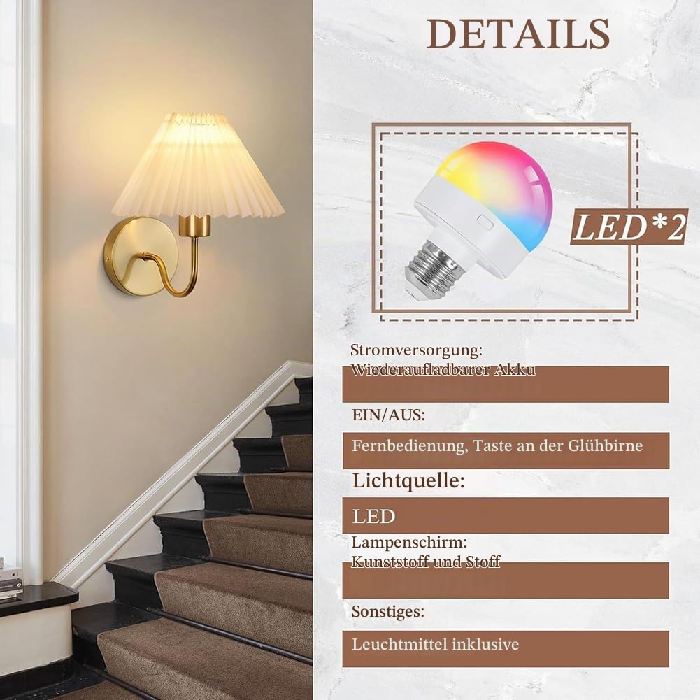 2 Stück LED Akku Wandleuchte Ohne Stromanschluss Innen Gold Wandlampe Batterie mit Fernbedienung Dimmen Wandbeleuchtung Kabellos Aufladbare Wohnzimmerlampe Stoffschirm Retro Boho Lampe Messing