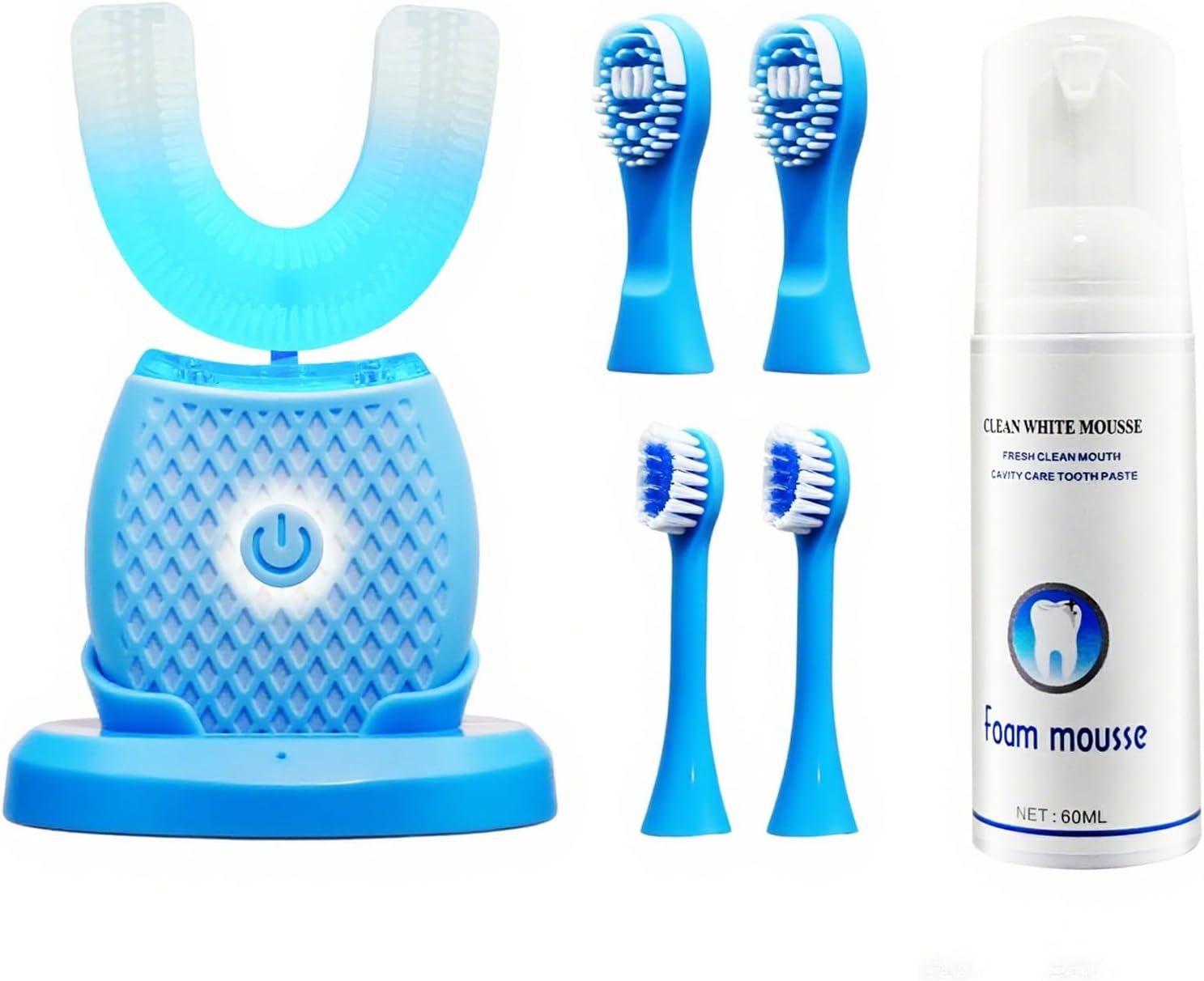 Automatic U-Shaped Electric Toothbrush Kit for Adults, 360° Ultrasonic Hands-Free Toothbrush with 4 Replacement Brush Heads, Blue LED Whitening Light & Rechargeable Charging Base