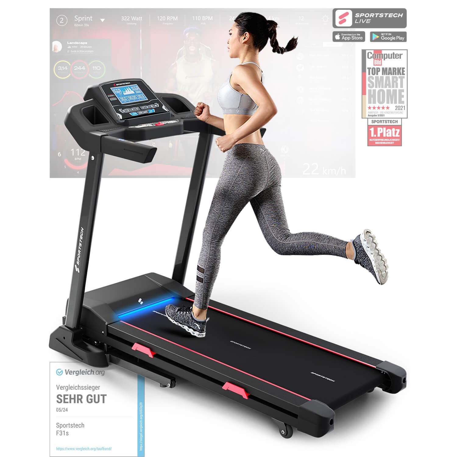 Sportstech F31s Laufband Für Zuhause inklusive Bodenschutzmatte, Laufband Mit Steigung Bis 16 Km/h, Laufbänder Mit Walking Pad 120cm Lauffläche, Fitnessgerät Bis 150 Kg Nutzergewicht Treadmill
