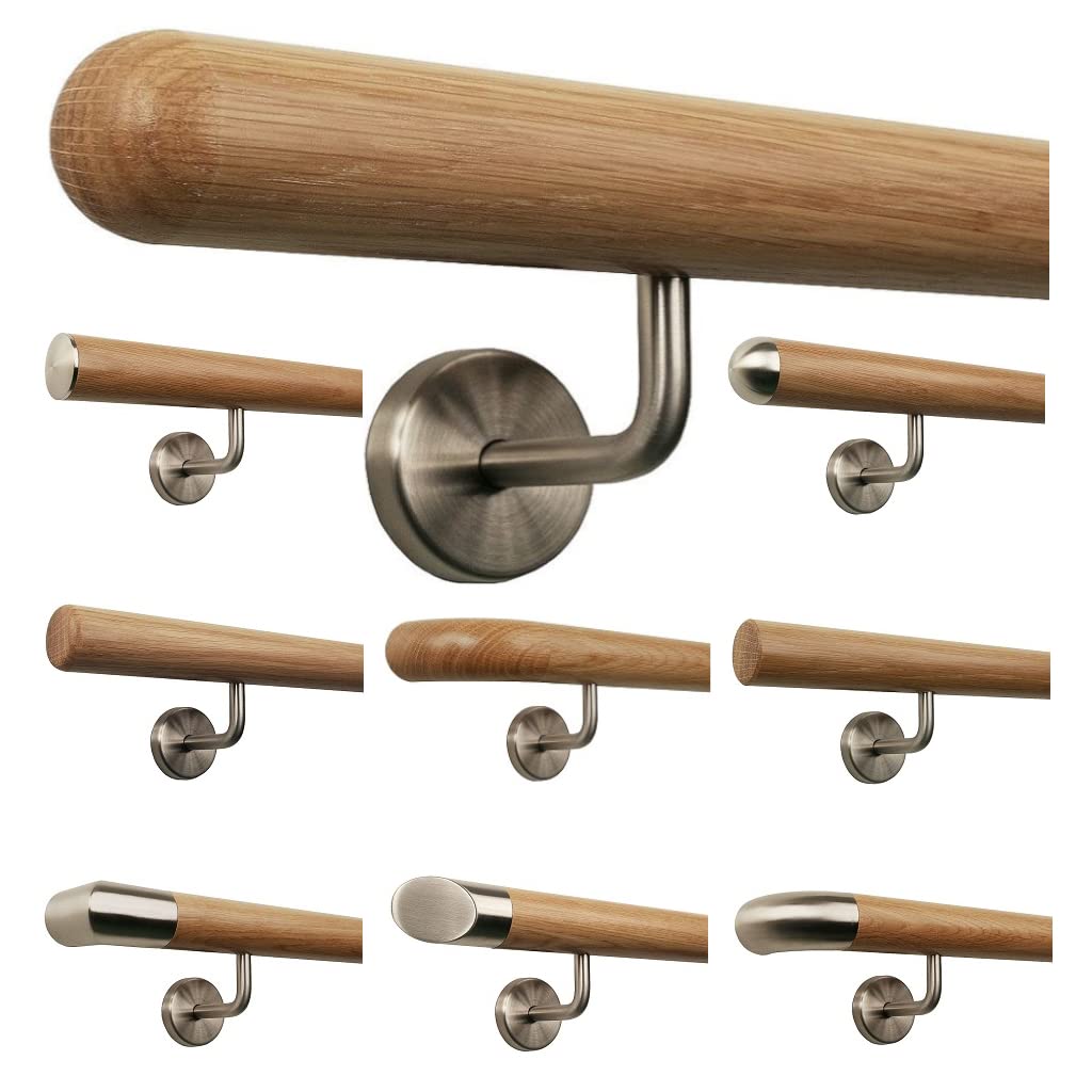 TIBU Eiche Holz Handlauf Geländer 200 cm, Ende Halbkugel gefräst, 3 gewinkelte Halter