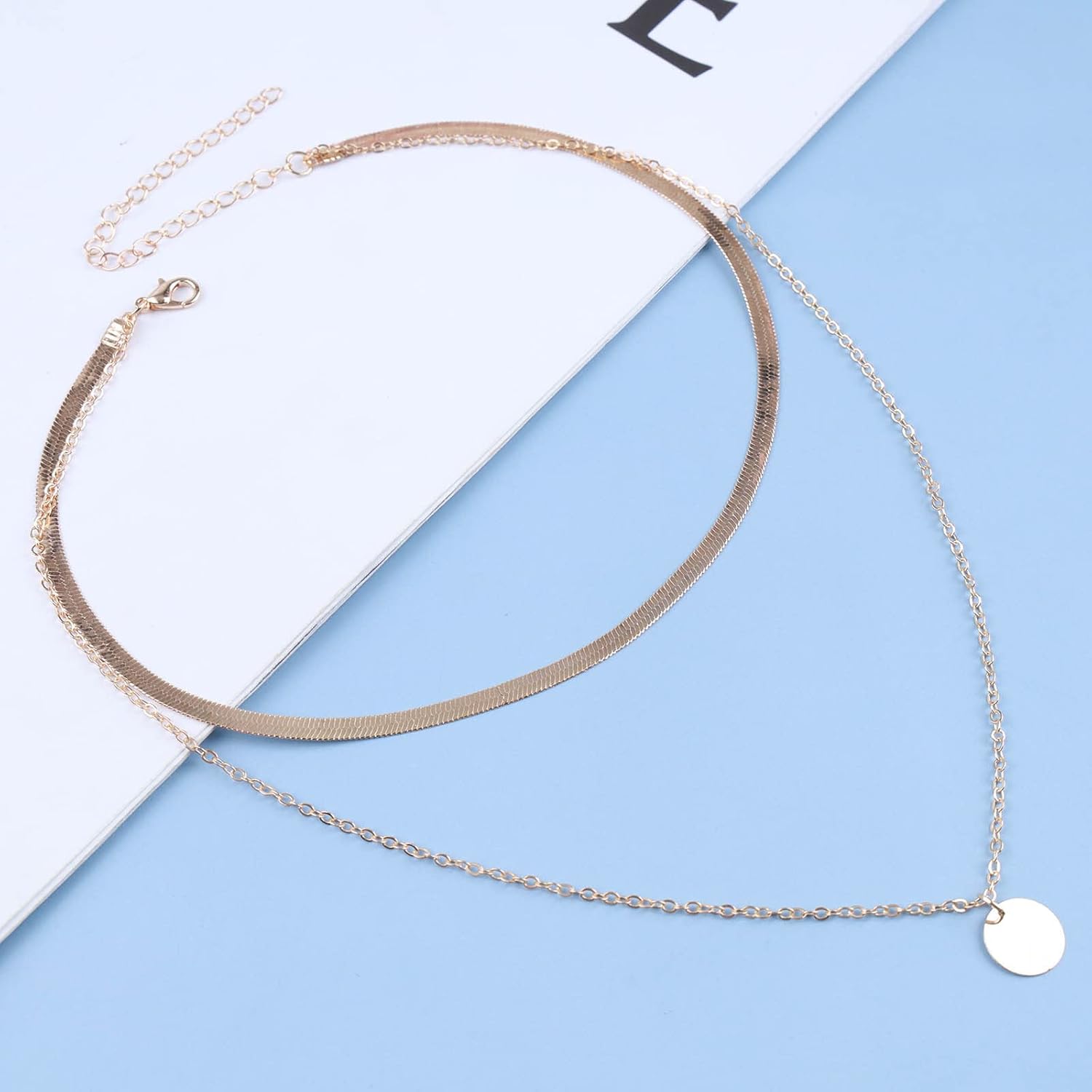 Andelaisi Boho Layered Snake Chain Necklace Choker Gold Disc Coin Pendant Necklace Vintage Flat Herringbone Chain Necklace Disc Coin Choker Necklace Jewelry for Women - Image 3
