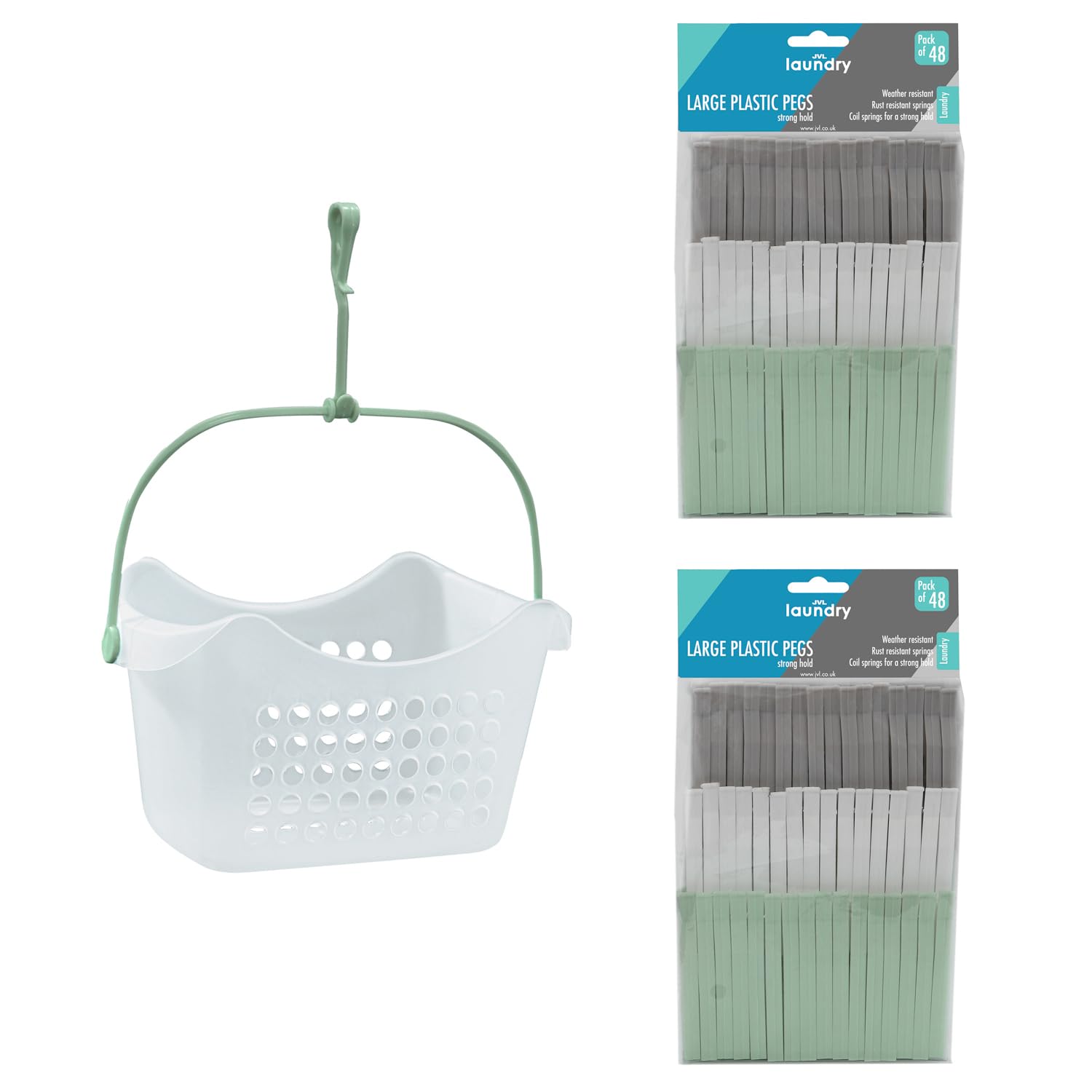 JVL Peg Basket with 96 Large Plastic Clothes Pegs – Laundry Peg Storage Holder for Washing Line – Assorted Colours