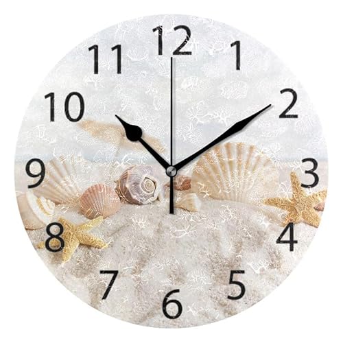 ABLINK Seashells on Ocean Beach Round Wall Clock, Silent Non Ticking Oil Painting Home Office School Decorative Clock Art