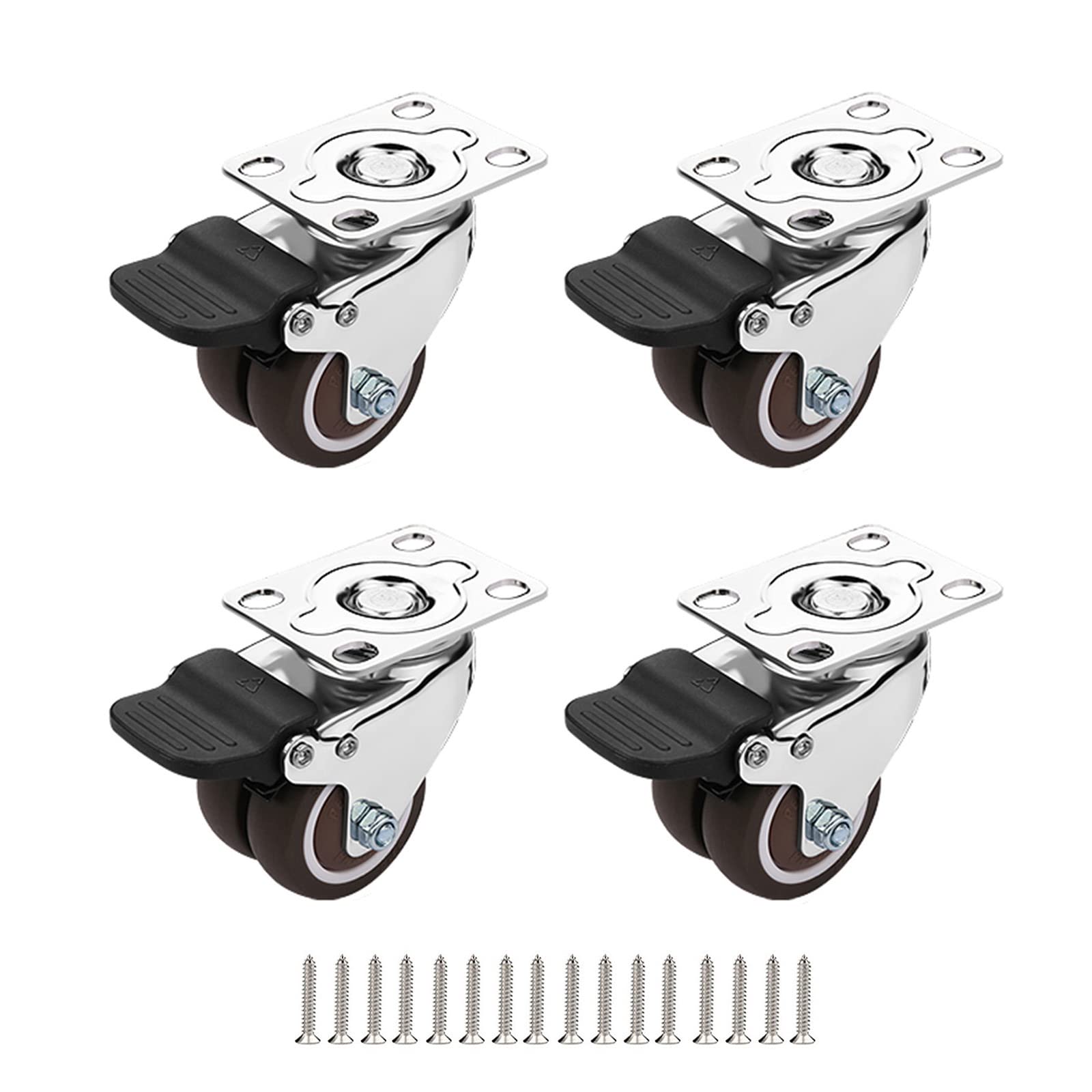 4X Rotelle Doppie, Ruote Pivotanti con Freno, Rotelle per Carrello Mobili Pesanti, Rotelle Girevoli Resistenti all'Usura, Ruote Universali, Portata 200 kg,4brakes-50mm/2in