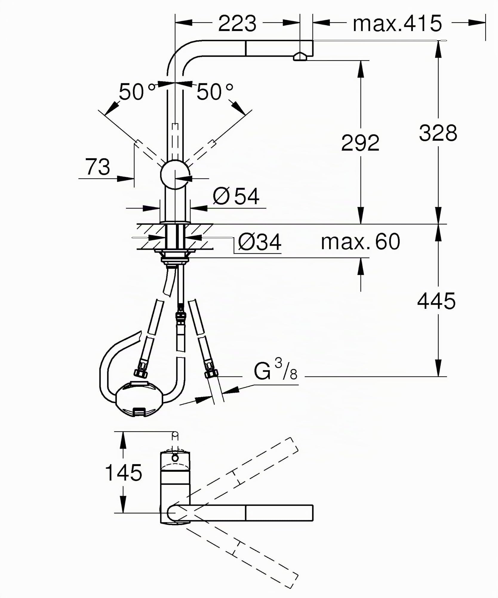 GROHE Minta, Küchenarmatur (Wasserhahn Küche mit ausziehbarer Brause, praktischer 360° Schwenkbereich, wassersparend dank variabler Mengenbegrenzung, einfache Montage am Spülbecken), chrom, 32168000