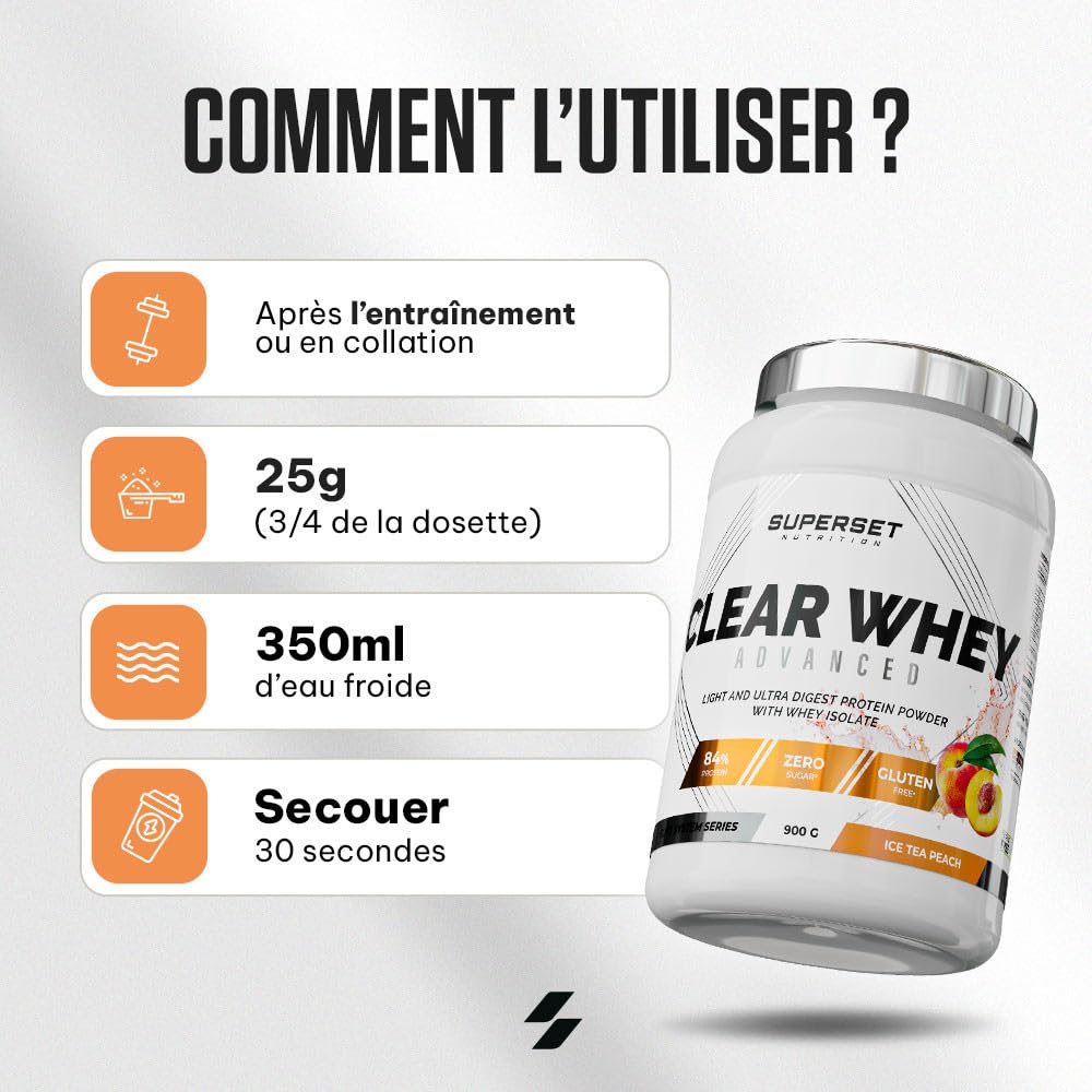 Superset Nutrition - Clear Whey Advanced 900g - Protéine Isolat Ultra légère 84% - Raffraichissante Riche en BCAA & L-Glutamine - Effet de satiété - Faible en Calories - Goût Ice Tea Pêche