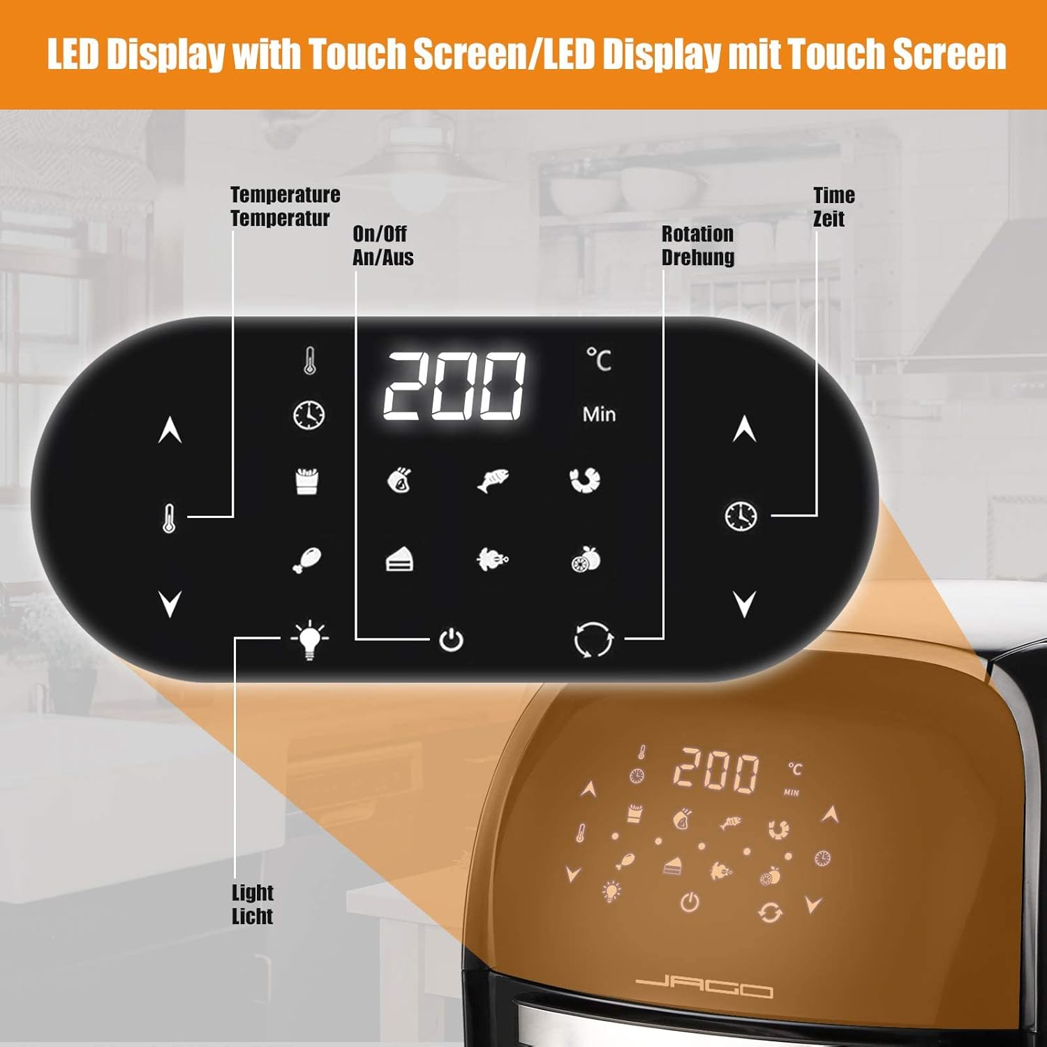 Jago® XXXL 8in1 Forno ad Aria Calda 12l + 10 Accessori - 1800W, 8 Programmi, Girarrosto, Disidratatore, Temperatura e Timer Regolabili, LED Touch Screen, senza Olio - Friggitrice, Air Fryer Jago® XXXL 8in1 Forno ad Aria Calda 12l + 10 Accessori - 1800W, 8 Programmi, Girarrosto, Disidratatore, Temperatura e Timer Regolabili, LED Touch Screen, senza Olio - Friggitrice, Air Fryer