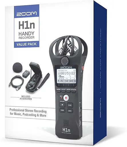 Zoom H1n Handy Recorder 2023 Model, Onboard Stereo Mics, Camera Mountable, USB, Case, SD Card, Power Adapter