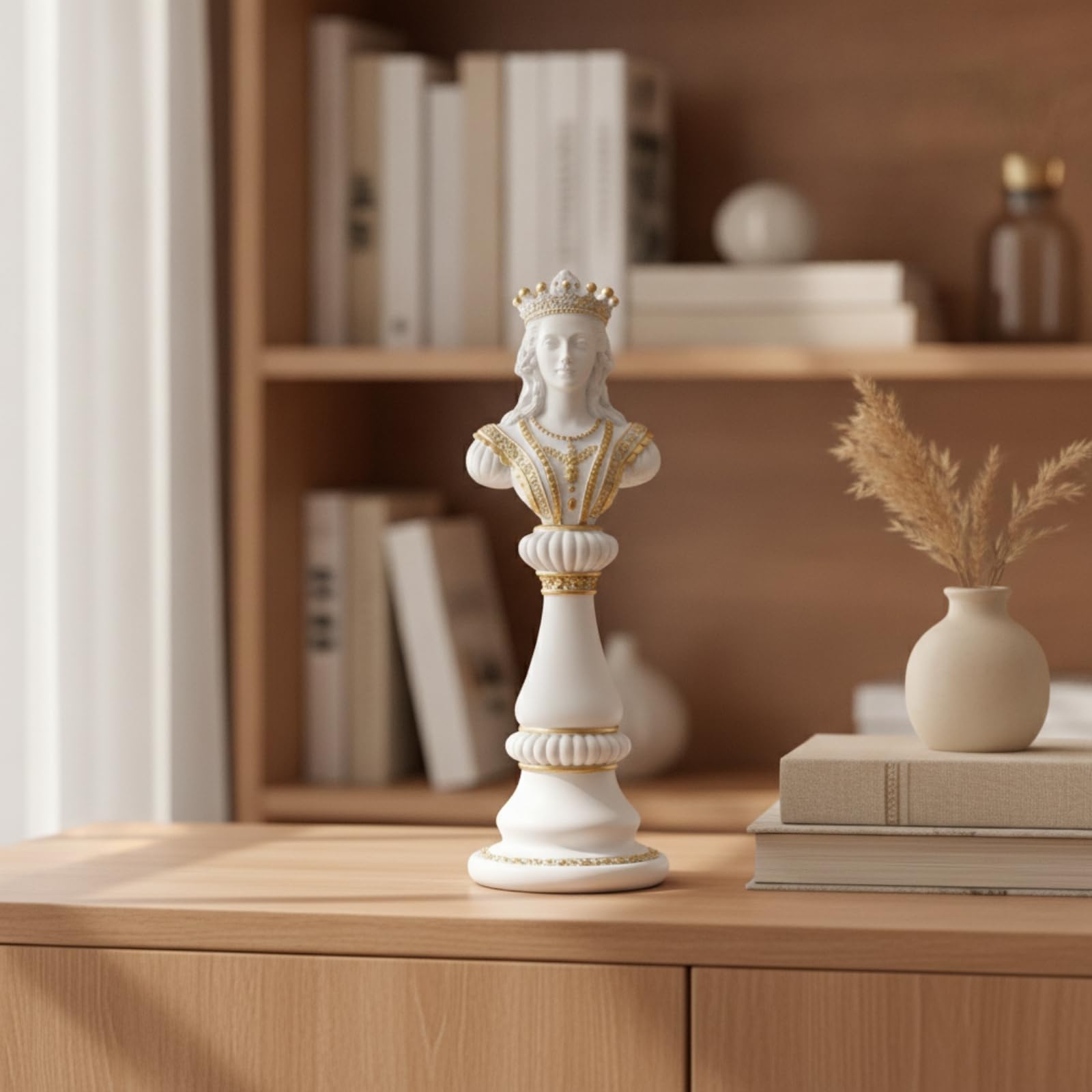 Statua Scacchi Re Bustino Scultura Decorativa Oggetto d'Arredo Resina con Texture Stratificate Barbutta Adatta per Scrivania Studio Salotto Esposizione, Bianco, Stile Europeo