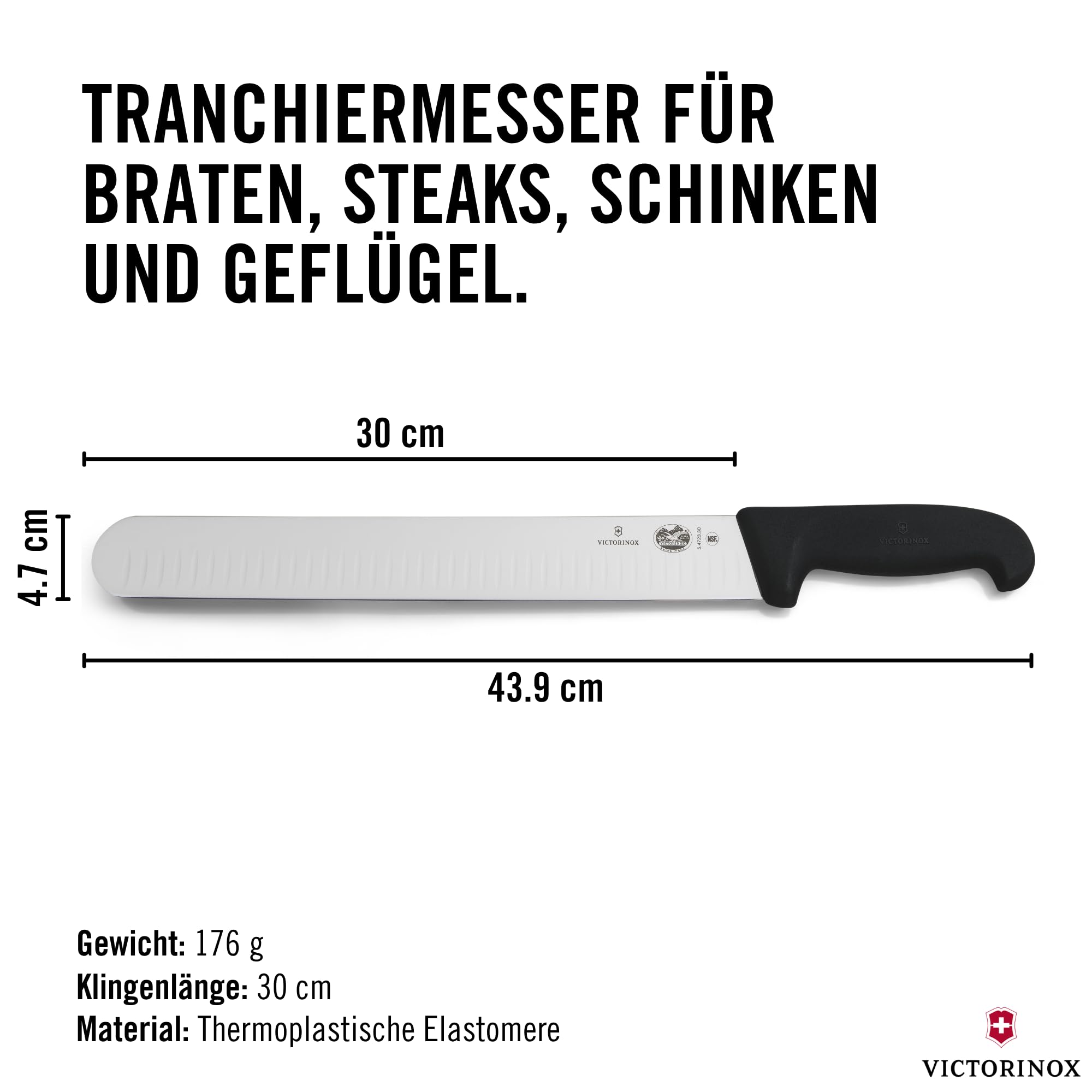 Victorinox Fibrox Schinkenmesser mit Kullenschliff, Scharfes Küchenmesser für Fleisch und Schinken, 30 cm, Gerade Klinge, Rostfreier Stahl, Schwarz