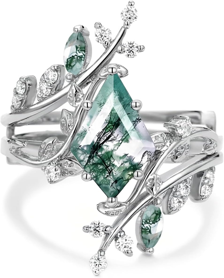 Natural Moss Agate Engagement Ring Set for Women Unique Kite Cut Ring Bridal Set 925 Sterling Silver Rings with 18K White Gold Plated
