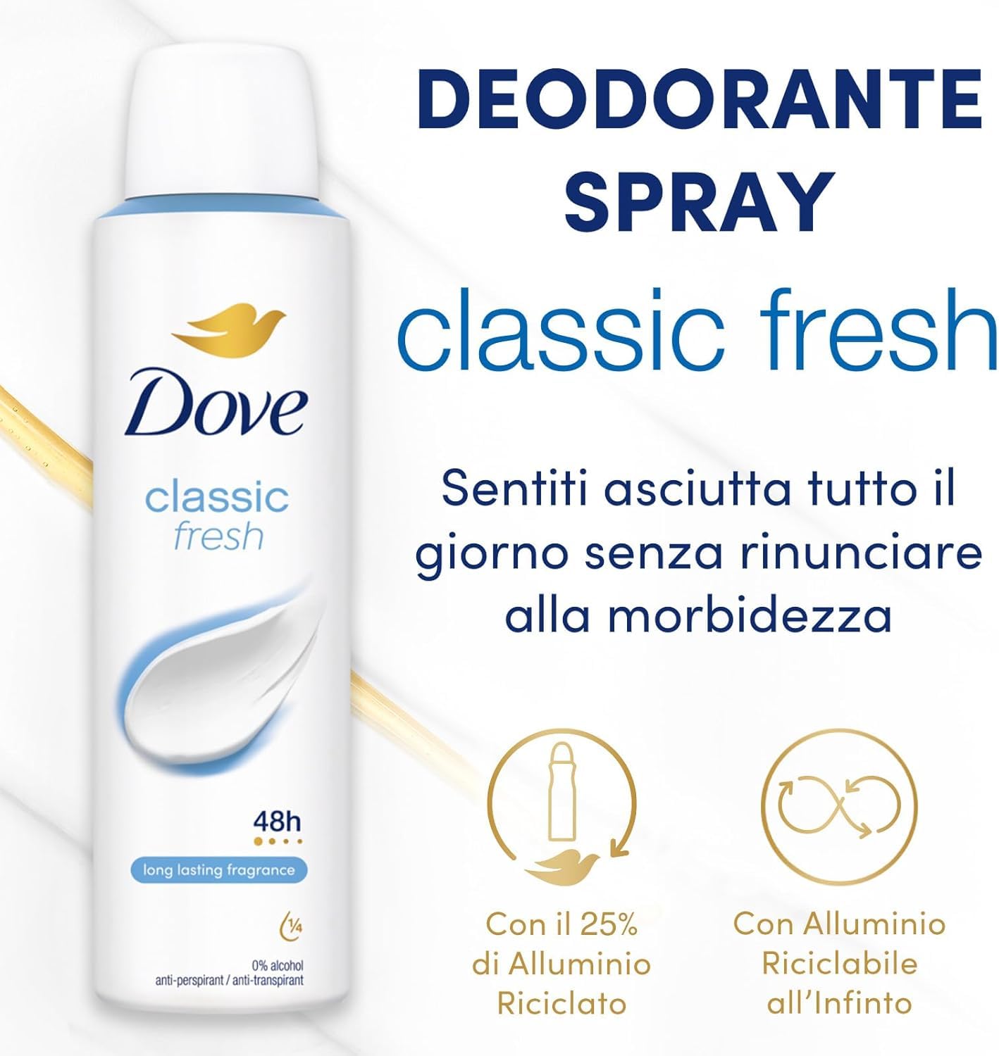 Dove Deodorante Spray, Classic Care, Deodorante Antitraspirante Spray, Protezione Fino a 48 Ore, con 1/4 di Crema Idratante, Formula Delicata, Deodorante Uomo e Donna, 6 Pezzi da 150 ml