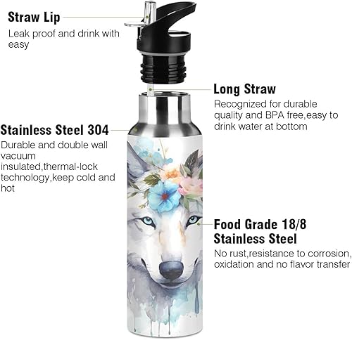 Miniatura 3 de Botella de agua con diseño de lobo con flores, termo aislado para niños y niñas, tapa de popote de acero inoxidable, 20 onzas, para agua fría y