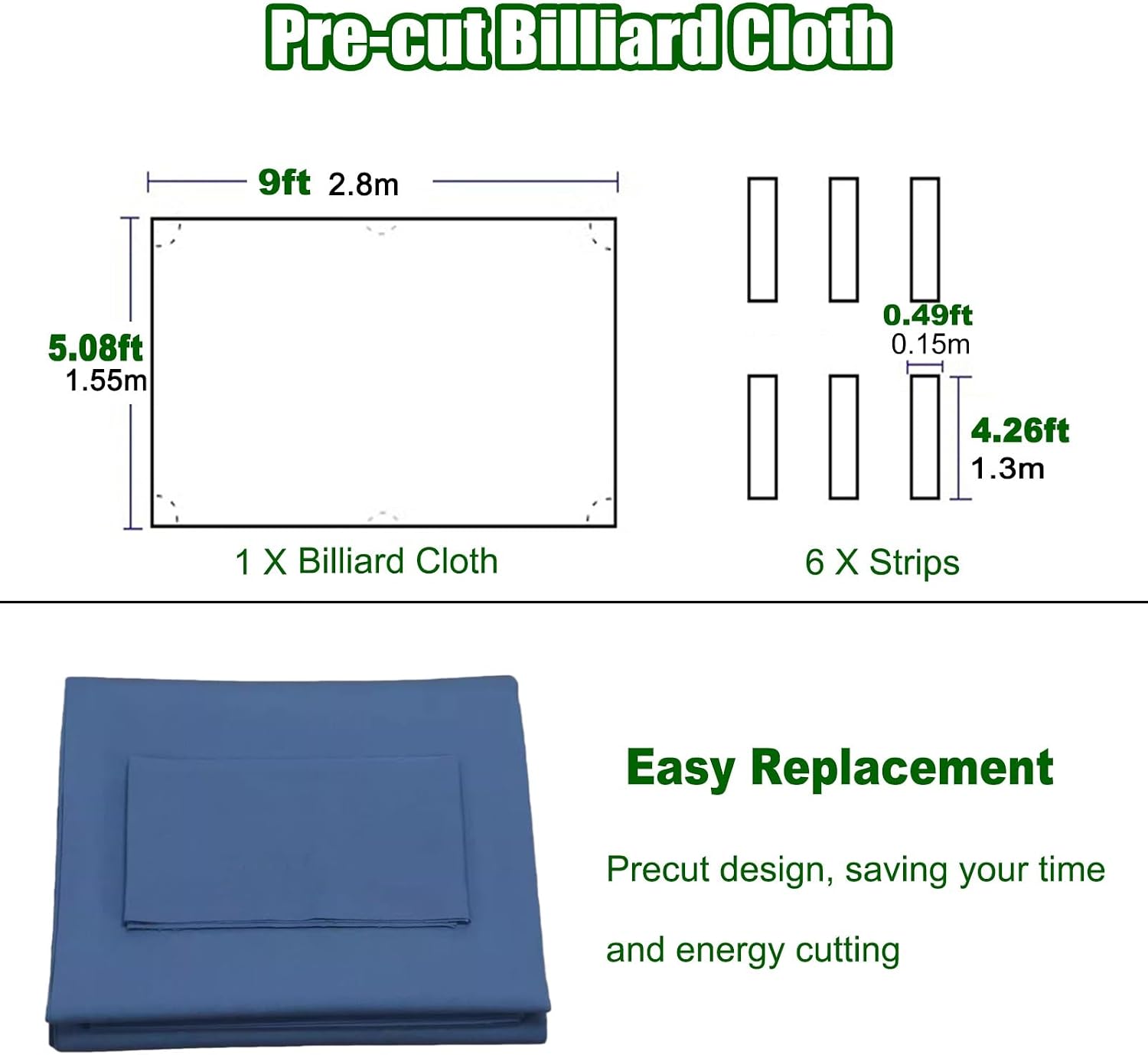 9FT/2.8M Pre Cut Billiard Table Cloth, Worsted Pool Table Felt Replacement Kit with 6 Precut Rail Cloth Strips