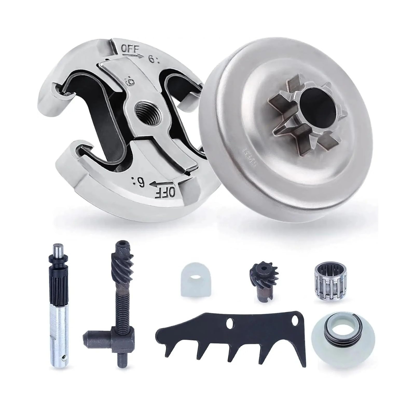 Kit de embrague de tambor for motosierra 325 7T, piezas de repuesto con bomba de aceite, engranaje helicoidal, cojinete de agujas, punta de refuerzo y tensor de cadena.