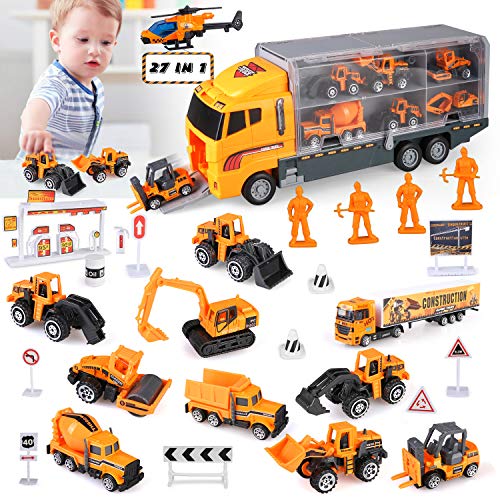 BeebeeRun 27 in 1 Engineering Construction Truck Car Toy Set, Alloy Transport Truck with Workers and Road Signs, Play Vehicles in Carrier Gifts for 3+ Kids Boys and Girls