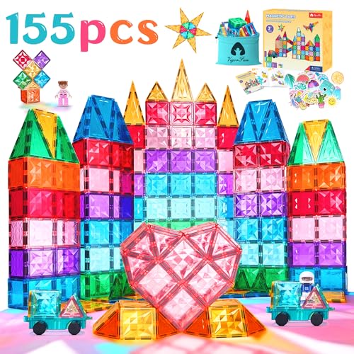 155 PCS Magnetic Tiles Set, Magnet Tiles Building Blocks with Car Toy Figurines and Stickers, Construction Educational STEM Sensory Toys Gifts for 3 4 5 6 7 8 + Year Old Kids Toddlers Boys Girls