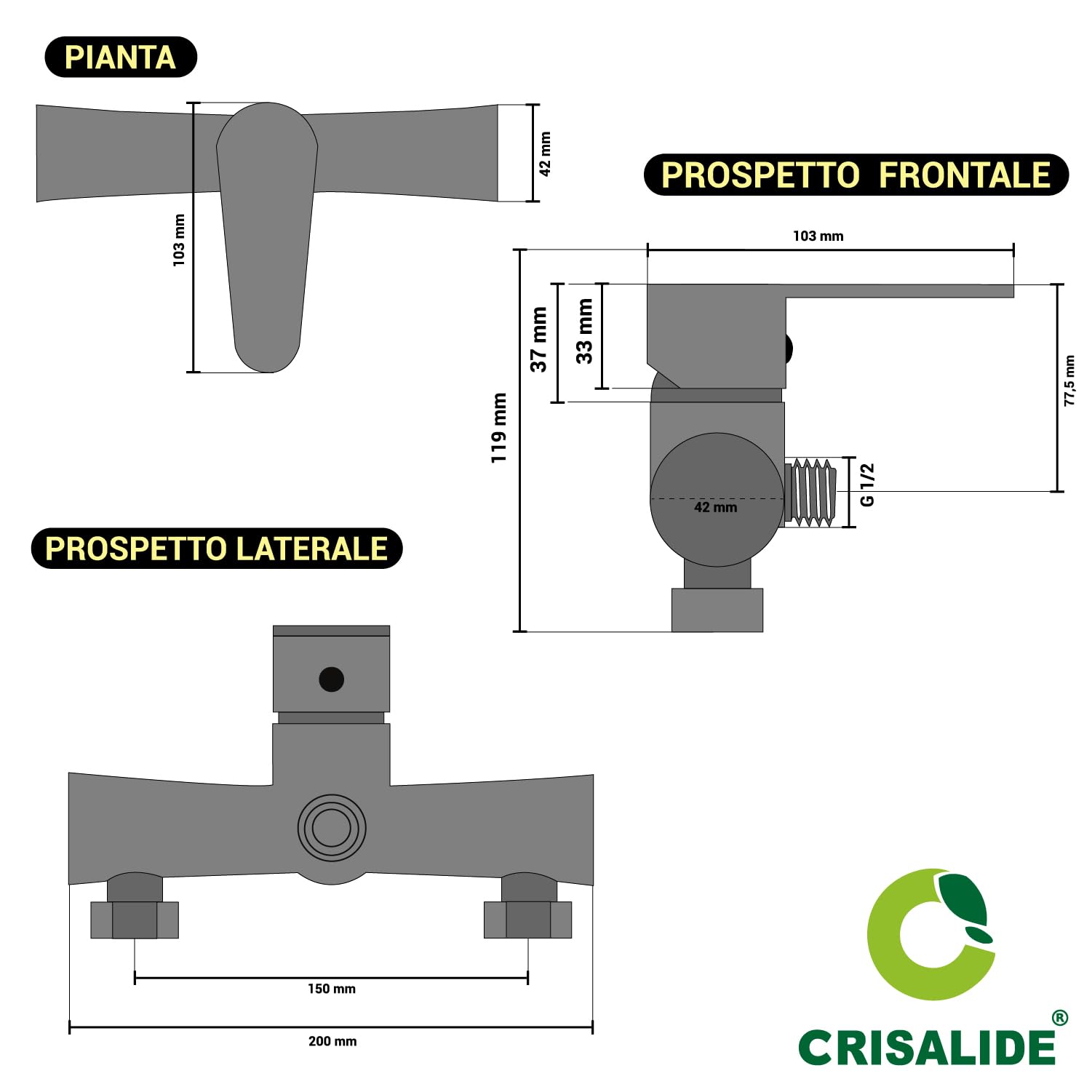 Crisalide® - Miscelatore Doccia Esterno Monocomando in Ottone Massiccio, Rubinetto Nero Opaco con Doccetta, Flessibile e Supporto a Parete