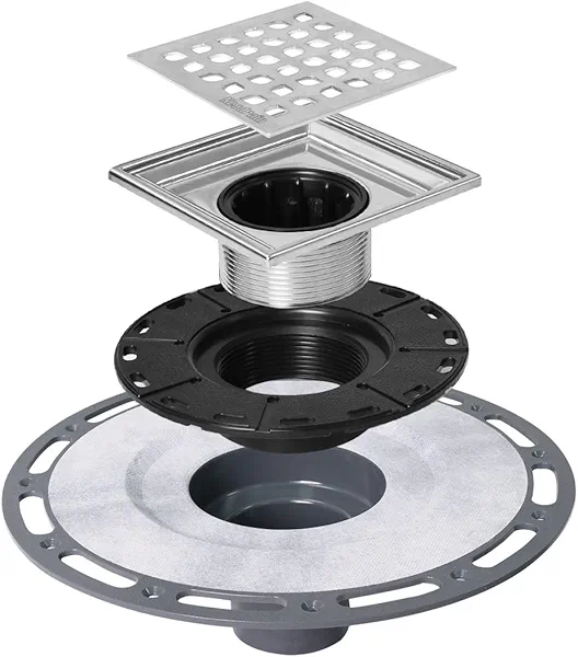 Neodrain 4 in Square Shower Drain Brushed 304 Stainless Steel Drain Grate Removable Drain Key with Waterproof Fabric, PVC Bonding Flange Base for Low Profile Shower Pan