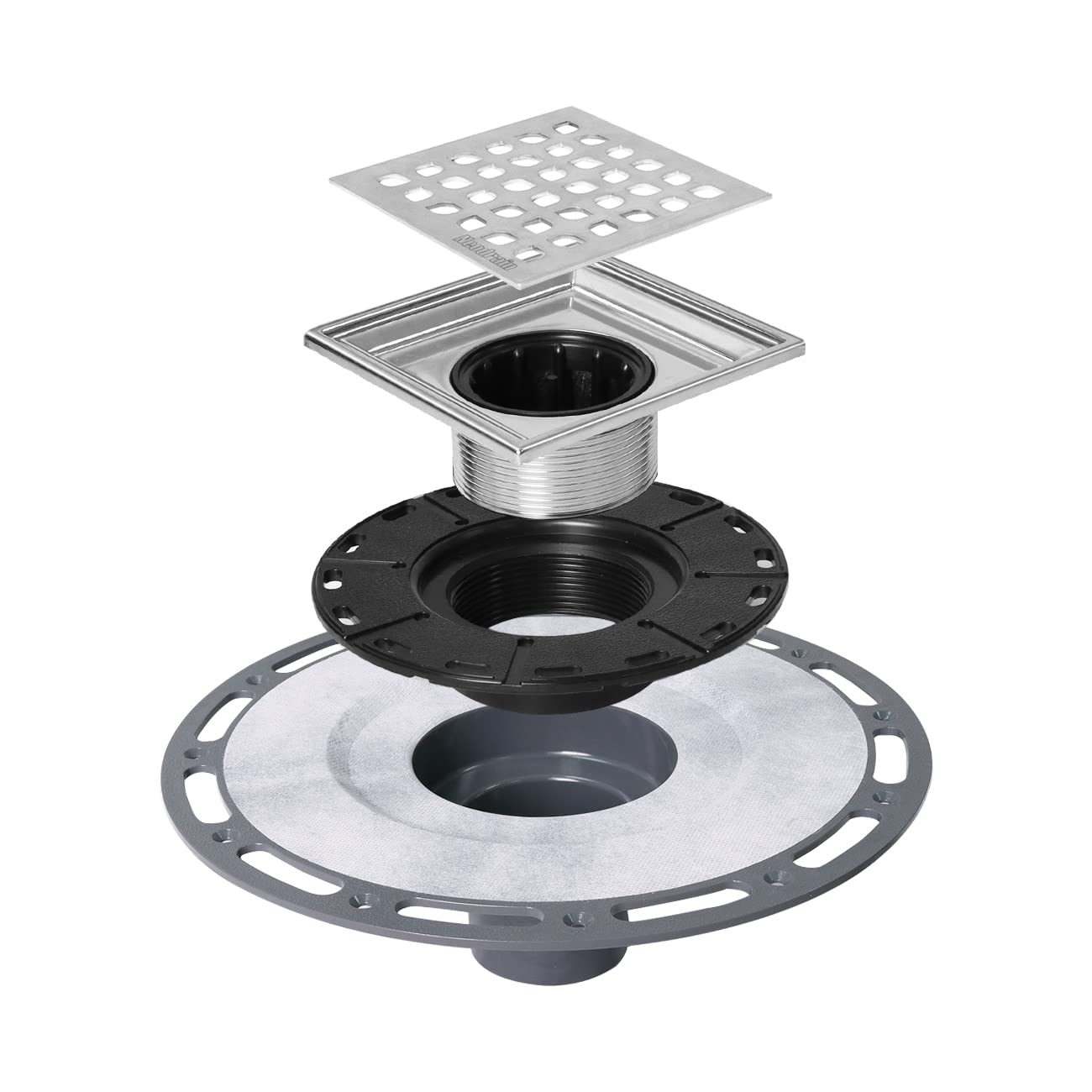 Neodrain Siphon de douche carré de 10,2 cm avec grille amovible, comprend une passoire à cheveux, une bride de liaison avec tissu anti-mèche