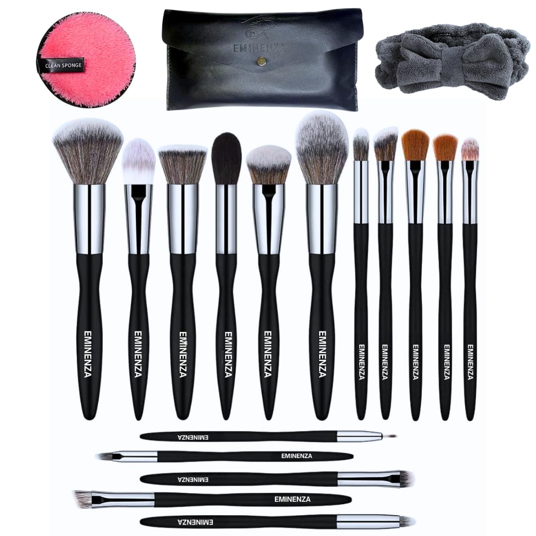 Set Brochas de Maquillaje, Juego 16 Brochas de Maquillaje Con Estuche, Diadema y Disco Desmaquillante, Estuche de Pinceles de Maquillaje, Pack Brochas Para Maquillaje, Manta de Brochas de Maquillaje