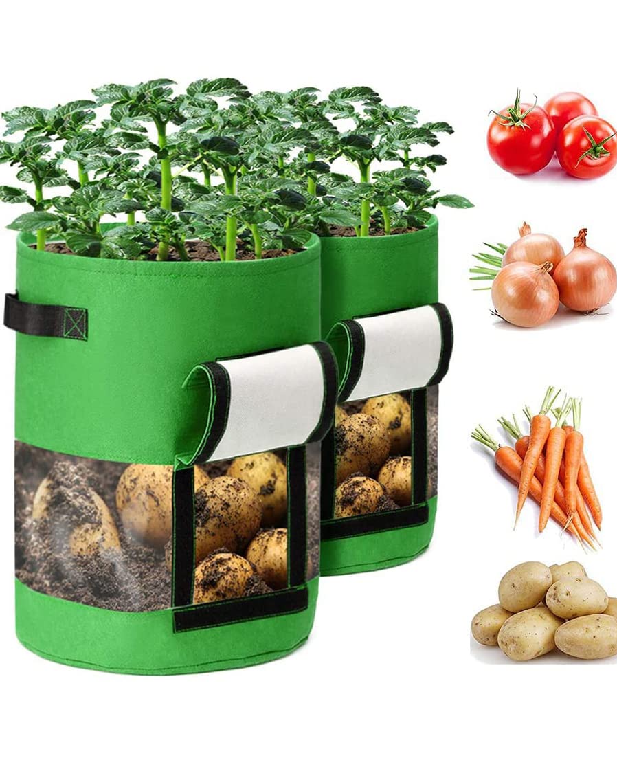 DELFINO Potato Grow Bags, 2 Pack 10 Gallon Plant Growing Bags with Flap and Handles for Potato Tomato Carrot Onion Vegetable Growing Bag 10 Gallon Soft-sided Plant Pots Grow Bag