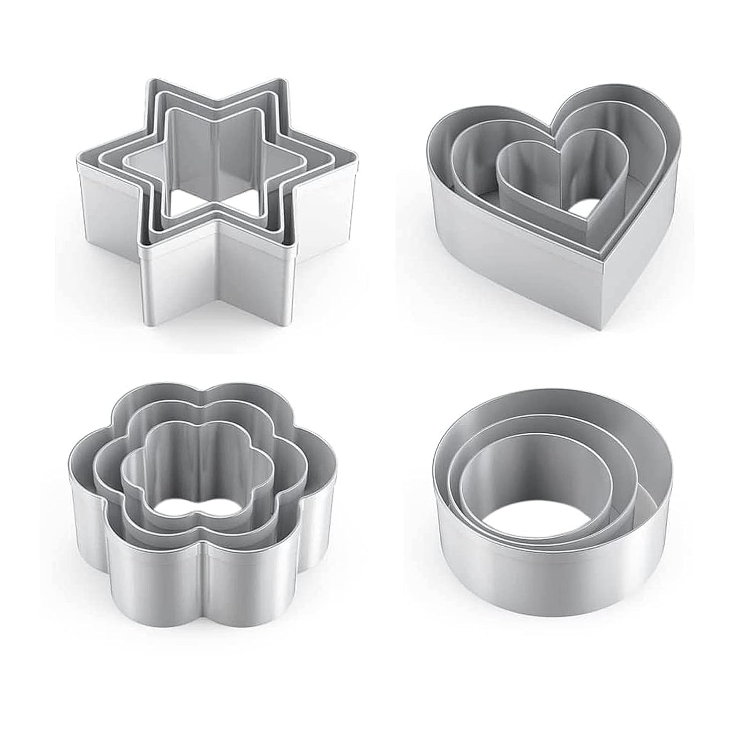 JITRUVA Cookie Cutter Stainless Steel Cookie Cutter with 4 Shape 3 Sizes Heart Round Star and Flower, 12 Pieces